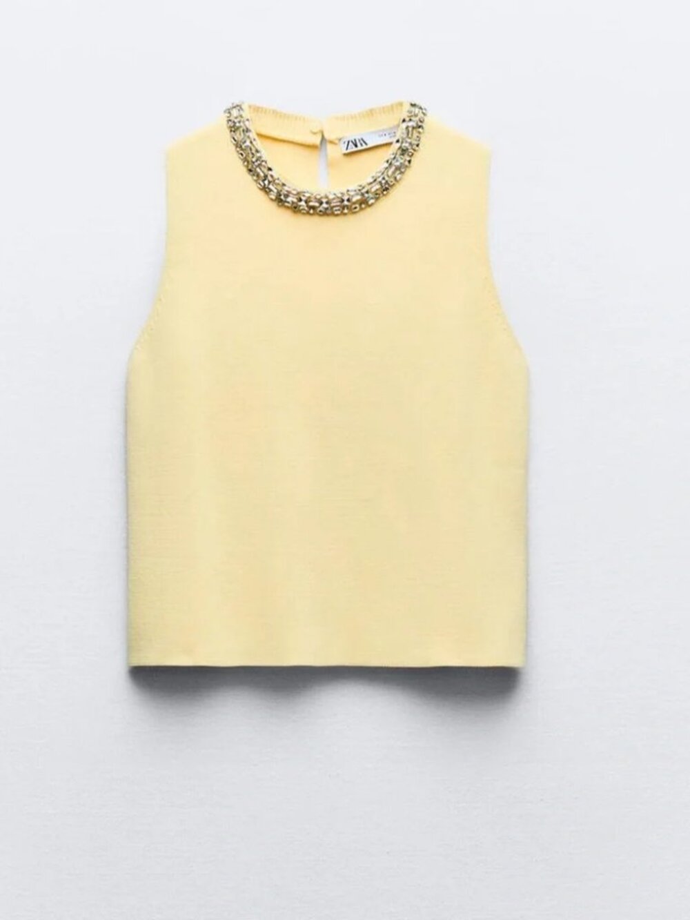 Zara Pale Yellow Sleeveless Top with Jeweled Neckline